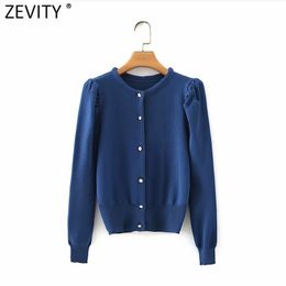 Women Basic Solid Colour Pleats Puff Sleeve Knitting Sweater Femme Chic Single Breasted Casual Cardigan Tops S638 210420