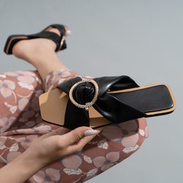 Simple cross flat slippers beach resort soft leather women's slippers round buckles decorated summer casual sandals