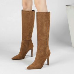 Boots Plus Size 34-43 Women Knee High Faux Suede Thin Heel Fashion Pointed Toe Slip On For Brown
