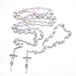 2022 NEW Catholic Beads Rosary Necklace Colourful Cross Perfect for First Communion Catholicism Religious Gift