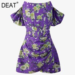 Women Purple Printing Folds Fishbone Lining Dress Slash Neck Off The Shoulder Slim Fit Fashion Tide Summer 7D1219 210421