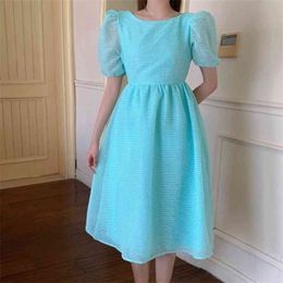 Summer Women Solid Puff Sleeve Korean Style Fairy Dress Sexy Backless Kawaii Elegant Vintage Party 210519