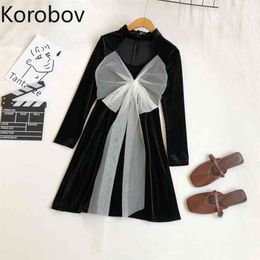 Korobov New Arrival Stand Collar Sexy Women Dress Korean Party Night Slim Mesh Bow Female Dresses Fashion Vestidos 210430