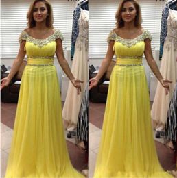 light yellow Hot Chiffon evening Dresses Scoop Capped Sleeves Beaded lace applique Evening Party Gowns vestaglia donna Long A Line Prom Dresses