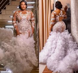 Plus Size Mermaid Wedding Dresses with Long Sleeve Sheer O-neck Lace-up Back African Aso Ebi Arabic Ruffles Train Bridal Dress