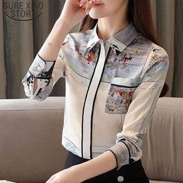 Korearn Fashion Clothing Spring Elegant Print Shirt Slim Long Sleeve Silk Women Tops Blusas Mujer De Moda 8526 50 210506