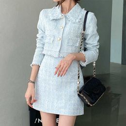 High Quality Female Elegant Skirt Suits Autumn Tweed Two Piece Set Women Outfits Crop Top Mini Skirt Set Vetement Femme 210708