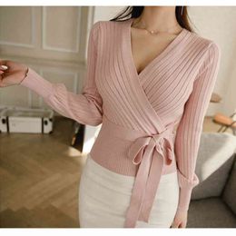 Elegant Pink V Neck Lantern Sleeve Lacing up Wrap Sweater Women Spring Black OL Cardigan Knitted Jumper Ladies Tops 33H 210420