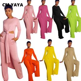 CM.YAYA Solid Classic Women's Set Long Sleeve High Slit X-long Tee Top Straight Pant Tracksuit Fitness Two Piece Outfits 210930