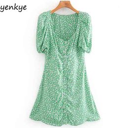 Green Daisy Floral Print Dress Women Sexy V Neck Short Sleeve Sweet Lady Summer A-line Mini Dresses Holiday vestidos 210514