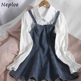 Neploe Fashion Ol Slim 2 Pcs Women Set Turn Down Collar Long Sleeve Shirt +high Waist Hip A Line Denim Dress Spring Suit 210423