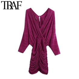 TRAF Women Chic Fashion With Draped Pleated Mini Dress Vintage V Neck Back Tied Elastic Waist Female Dresses Vestidos 210415