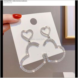 S1256 Fashion Jewellery S925 Silver Post Diamond Double Love Rhinstone Heart Gd2Di Dangle Chandelier Gy0Ma