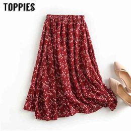 Red Floral Printing Midi skirts High Waist A-line Skirts Womens Elastic Faldas Korean Streetwear 210421