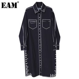 [EAM] Women Black White Printed Big Size Dress New Laepl Long Sleeve Loose Fit Fashion Tide Spring Autumn 1DD1657 210409