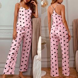 Women Sleepwear Underwear Set Women V-neck Eyelash Lace Sexy Stain Camisole Pyjamas Heart Print Pants Set Pijama Femme Satin Q0706