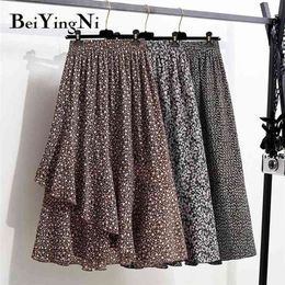 Irregular Retro Midi Skirts Women Floral Print Pleated Plus Size Elastic High Waist Korean Chiffon Skirt 4XL Saia 210506