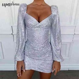 Free Women's Silver Sequined Skirt Set Sexy V-neck Lantern Sleeve Top & Draped Mini Two-piece 210524