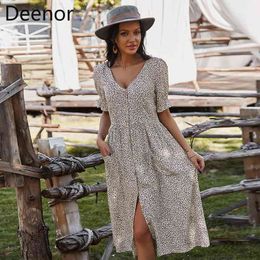 Deenor Women Summer Beach Chiffon Dress Casual Short Sleeve Polka Dot Dress Boho Party Dress Elegant V Neck Sundress Vestidos X0521