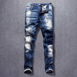 Italian Style Fashion Men Jeans Retro Blue Slim Fit Painted Designer Ripped Denim Trousers Streetwear Hip Hop Biker Pants Hombre