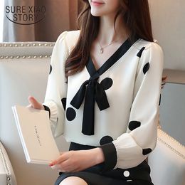 Polka Dot Print Chiffon Autumn Loose V Collar Long Sleeve Shirts Ultra-short Blouses Bow Ladies Tops 7091 50 210417