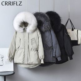 Raccoon Fur Collar Medium Long Winter White Duck Down Jacket Women Solid Elegant Hooded Coats Warm Thicken Parka 210520