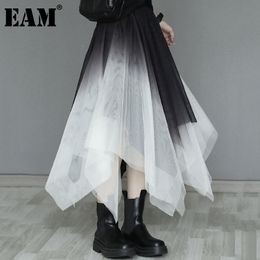 [EAM] Black Big Size Casual Irregular Mesh High Elastic Waist Half-body Skirt Women Fashion Spring Summer 1DD7763 21512