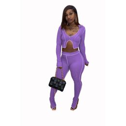 Women's Two Piece Pants RStylish Casual Knitted Rib Tracksuit Women Sexy Solid V Neck Long Sleeve Irregular Crop Top+Flare Club Set