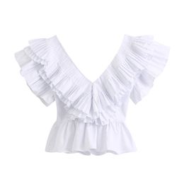 Sexy Deep V-neck White Crop Blouses Vintage Butterfly Sleeve Female Shirts Office Lady Blusas Chic Short Tops 210430