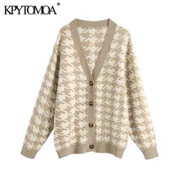 KPYTOMOA Women Fashion Oversized Houndstooth Knitted Cardigan Sweater Vintage V Neck Long Sleeve Female Outerwear Chic Tops 210714