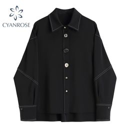 Cardigan Black Blouses Or Tops For Woman Chic Buttons Lantern Long Sleeve Lapel Shirts Oversized Streetwear Ins Retro 210515