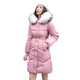 Winter coat women pink M-3XL plus size loose fur hooded down cotton jackets Korean slim long sleeve warmth parkas LR856 210531