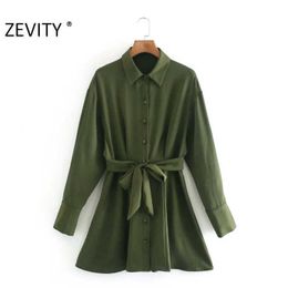 Zevity Women Fashion Solid Colour Single Breasted Mini Shirt Dress Female Chic Elastic Waist Bow Tied Sashes Court Vestido DS4610 210603