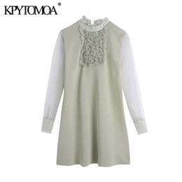 Women Chic Fashion With Organza Ruffled Knitted Mini Dress High Neck Long Sleeve Female Dresses Mujer 210420