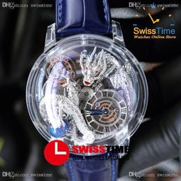 Astronomia Tourbillon Silver Dragon Swiss Quartz Mens Watch Pave Piece Unique Fully Transparent Glass 3D Engraving Watches Blue Leather Super Edition Swisstime A1