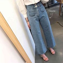 [EWQ] Spring Vintage Ladies Simple High Waist Double Breasted Small Pockets Loose Wide Leg Jeans Pant QB315 210809