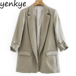 Vintage Linen Casual Blazer Women Roll-up Long Sleeve Notched Collar Work Wear Office Blazers Plus Size Suits Outerwear 210514