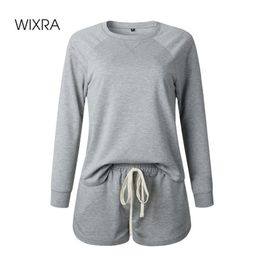 Wixra Womens Suits Leisure Home Wear Long Sleeve Tops+Lace-Up Shorts Ladys Casual 2 Piece Sets Summer 210721