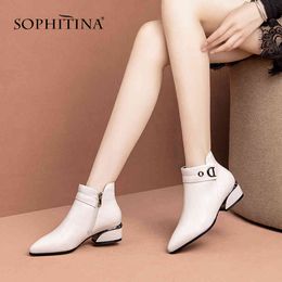 SOPHITINA Stylish Women Boots Metal Decoration Pointed Toe Square Heel Shoes Winter Genuine Leather Med Heel Ladies Boots PO233 210513