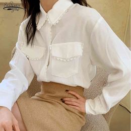 Spring Turn-down Collar Cotton White Top Blouses Pocket Casual Women Shirt Blouse Long Sleeve Office Solid Ladies Tops 12714 210508
