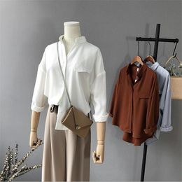 High quality Casual Chiffon white Women blouse shirt oversized Three Quarter sleeve loose shirt office wear casua tops blusas 210419