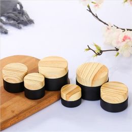 5g 10g 15g 20g 30g 50g Black Frosted Glass Jars Cosmetic Bottle Refillable Cream Container with Imitated Wood Grain Plastic Lids