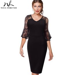 Nice-forever Elegant Floral Lace Sleeve V-neck vestidos Business Party Women Bodycon Dress B394 210419