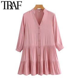 TRAF Women Chic Fashion Button-up Loose Mini Dress Vintage V Neck Three Quarter Sleeves Female Dresses Vestidos Mujer 210415