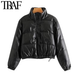 TRAF Women Fashion Faux Leather Parkas Thick Warm Jacket Padded Coat Vintage Long Sleeve Pockets Female Outerwear Chic Tops 210415