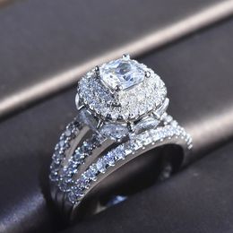 Fashion luxury princess 3 layered zircon diamonds gemstones rings for women white gold silver color jewelry bijoux bague gifts