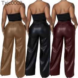 Women Winter Pants Solid Color Loose Wide Leg With Pocket Casual Pant PU Leather Trousers Fashion Plus Size Womens Leggings DHL