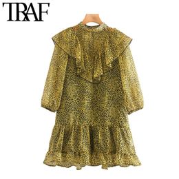 TRAF Women Chic Fashion Leopard Print Ruffled Mini Dress Vintage Half Sleeve Animal Pattern Female Dresses Vestidos 210415