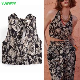 VUWWYV Tops Woman Black Floral Print Backless Crop Top Women Blouses Summer Wide Strap Halter Ladies Back Knot 210430