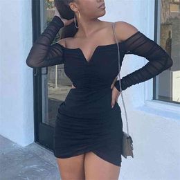 OMSJ Women Autumn Winter V-neck Black Party Long Sleeve Bodycon Dress Female Sexy Lace Pleated Hollow Out Clubwear Vestido 210517